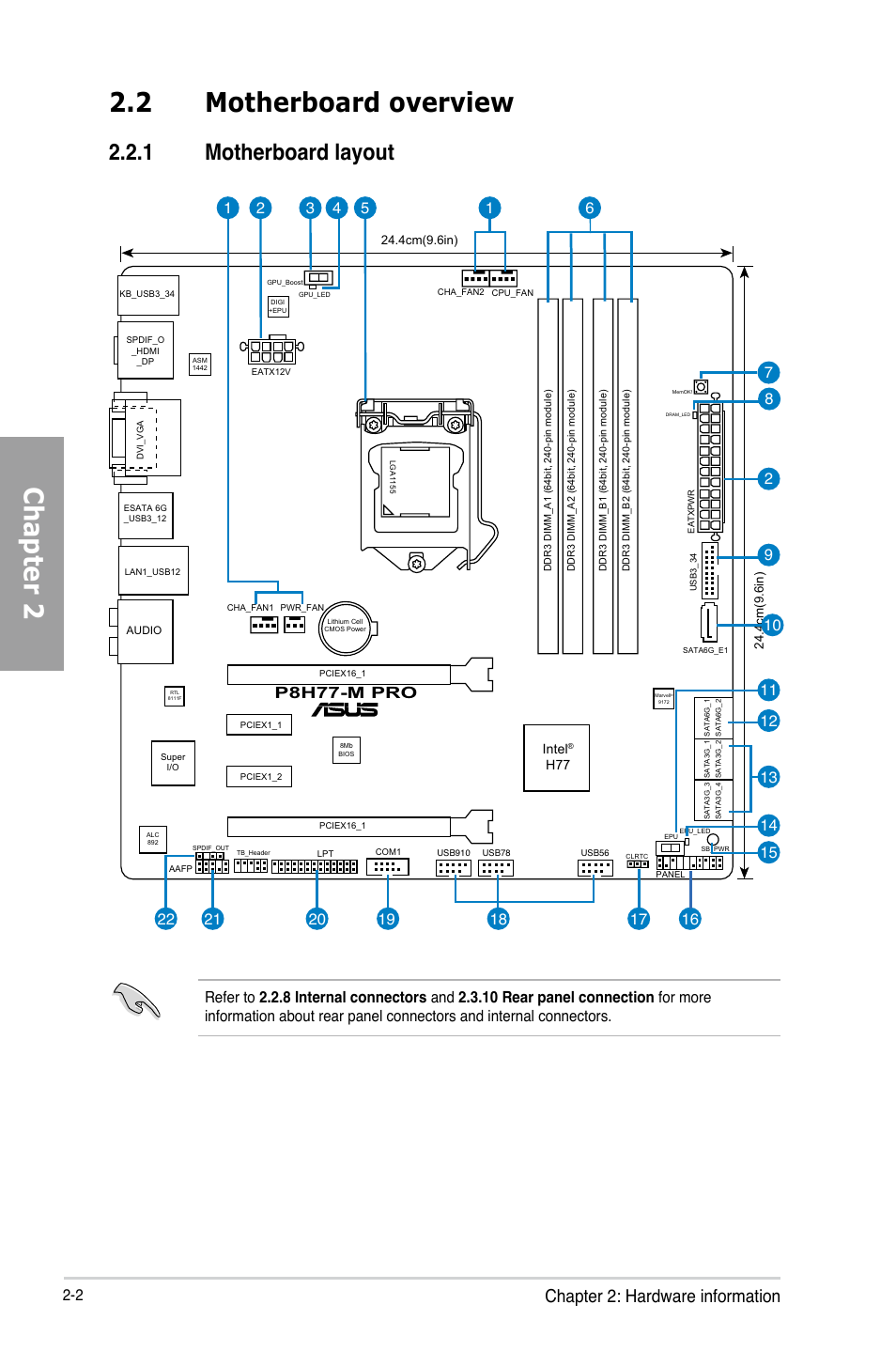Chapter 2, 2 motherboard overview, 1 motherboard layout | Chapter 2: hardware information, P8h77-m pro | Asus P8H77-M PRO User Manual | Page 24 / 156
