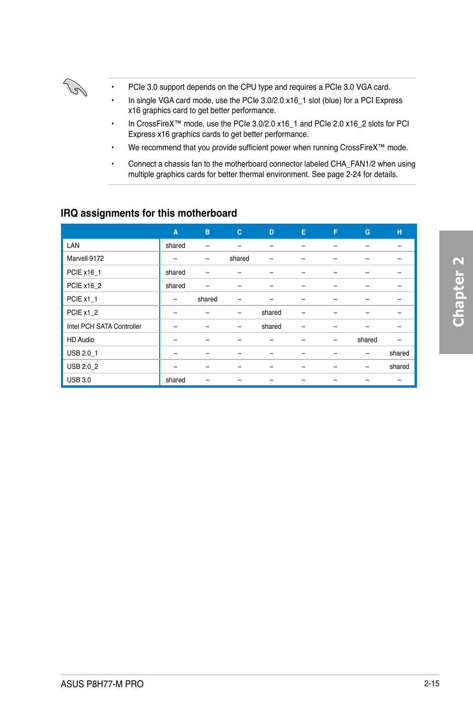Chapter 2, Irq assignments for this motherboard, Asus p8h77-m pro | Asus P8H77-M PRO User Manual | Page 37 / 156