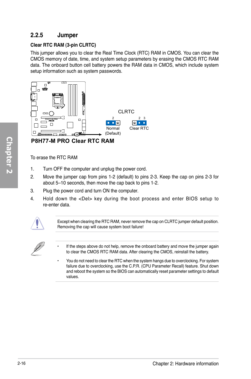 Chapter 2, 5 jumper | Asus P8H77-M PRO User Manual | Page 38 / 156