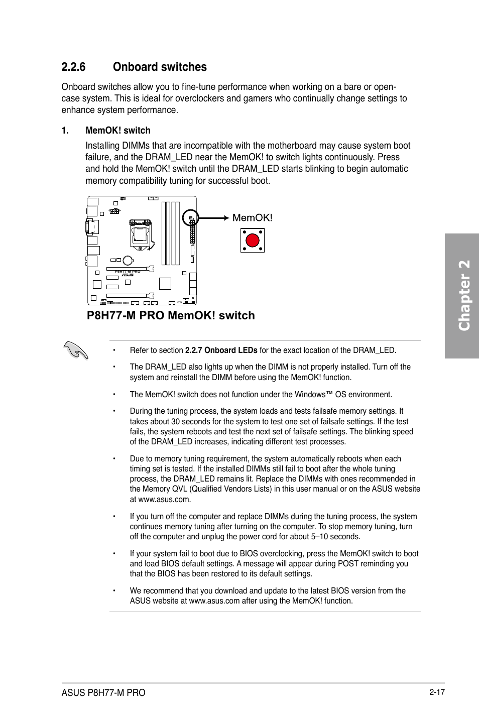 Chapter 2, 6 onboard switches | Asus P8H77-M PRO User Manual | Page 39 / 156