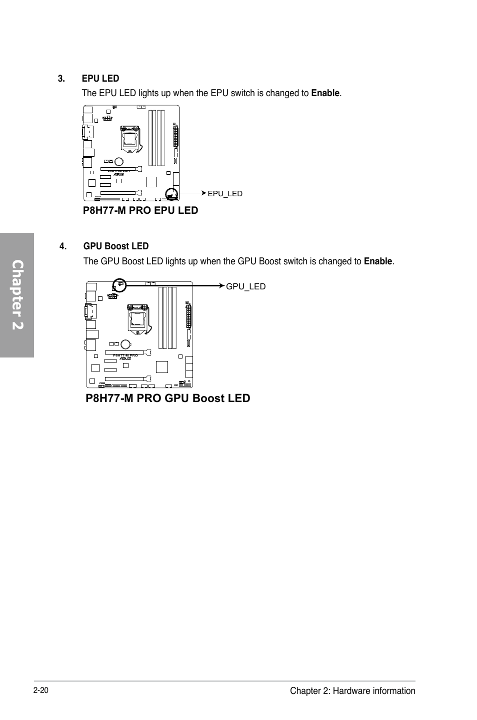 Chapter 2, P8h77-m pro gpu boost led | Asus P8H77-M PRO User Manual | Page 42 / 156