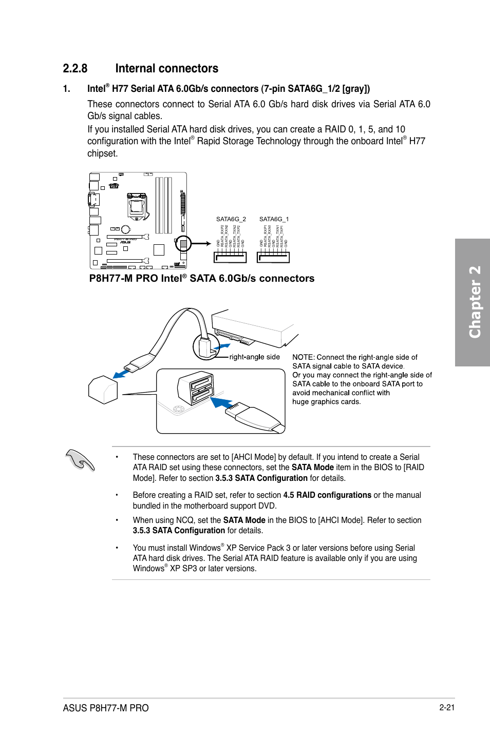Chapter 2, 8 internal connectors, P8h77-m pro intel | Sata 6.0gb/s connectors, Asus p8h77-m pro, Intel, Rapid storage technology through the onboard intel, H77 chipset, Xp sp3 or later versions | Asus P8H77-M PRO User Manual | Page 43 / 156