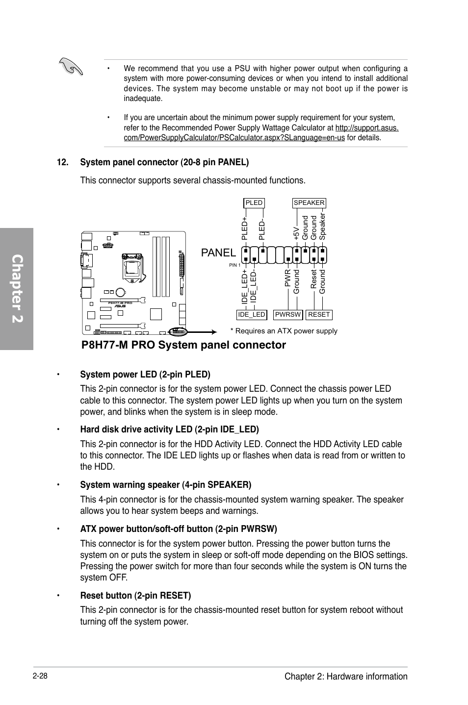 Chapter 2, P8h77-m pro system panel connector, Panel | Asus P8H77-M PRO User Manual | Page 50 / 156