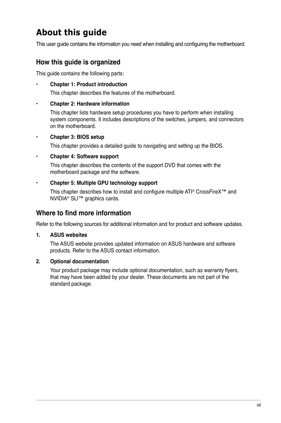 About this guide, How this guide is organized, Where to find more information | Asus P8H77-M PRO User Manual | Page 7 / 156