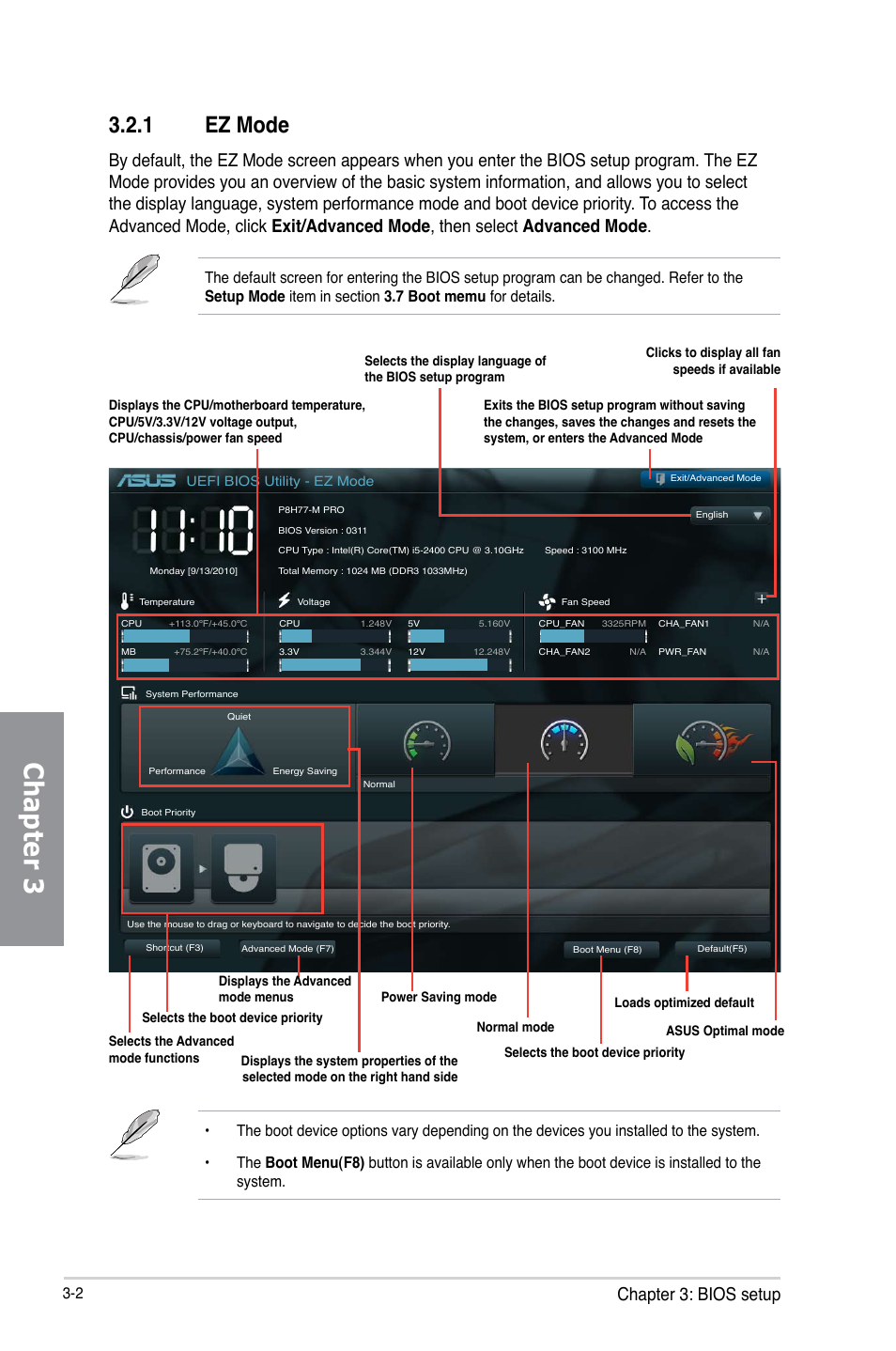 Chapter 3, 1 ez mode, Chapter 3: bios setup | Asus P8H77-M PRO User Manual | Page 70 / 156