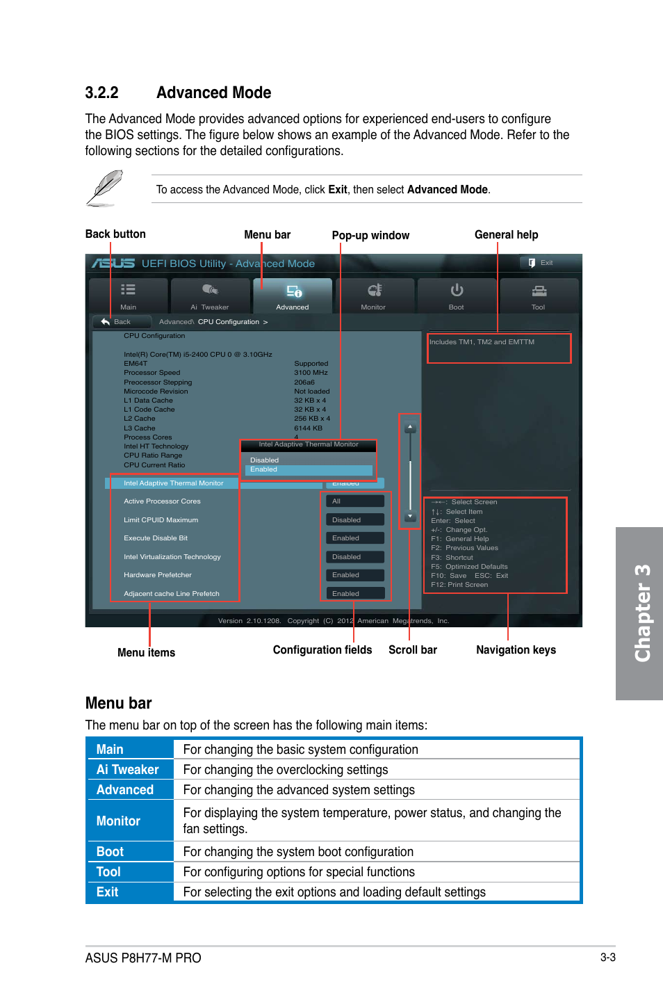 Chapter 3, 2 advanced mode, Menu bar | Asus p8h77-m pro, Navigation keys, Configuration fields pop-up window | Asus P8H77-M PRO User Manual | Page 71 / 156