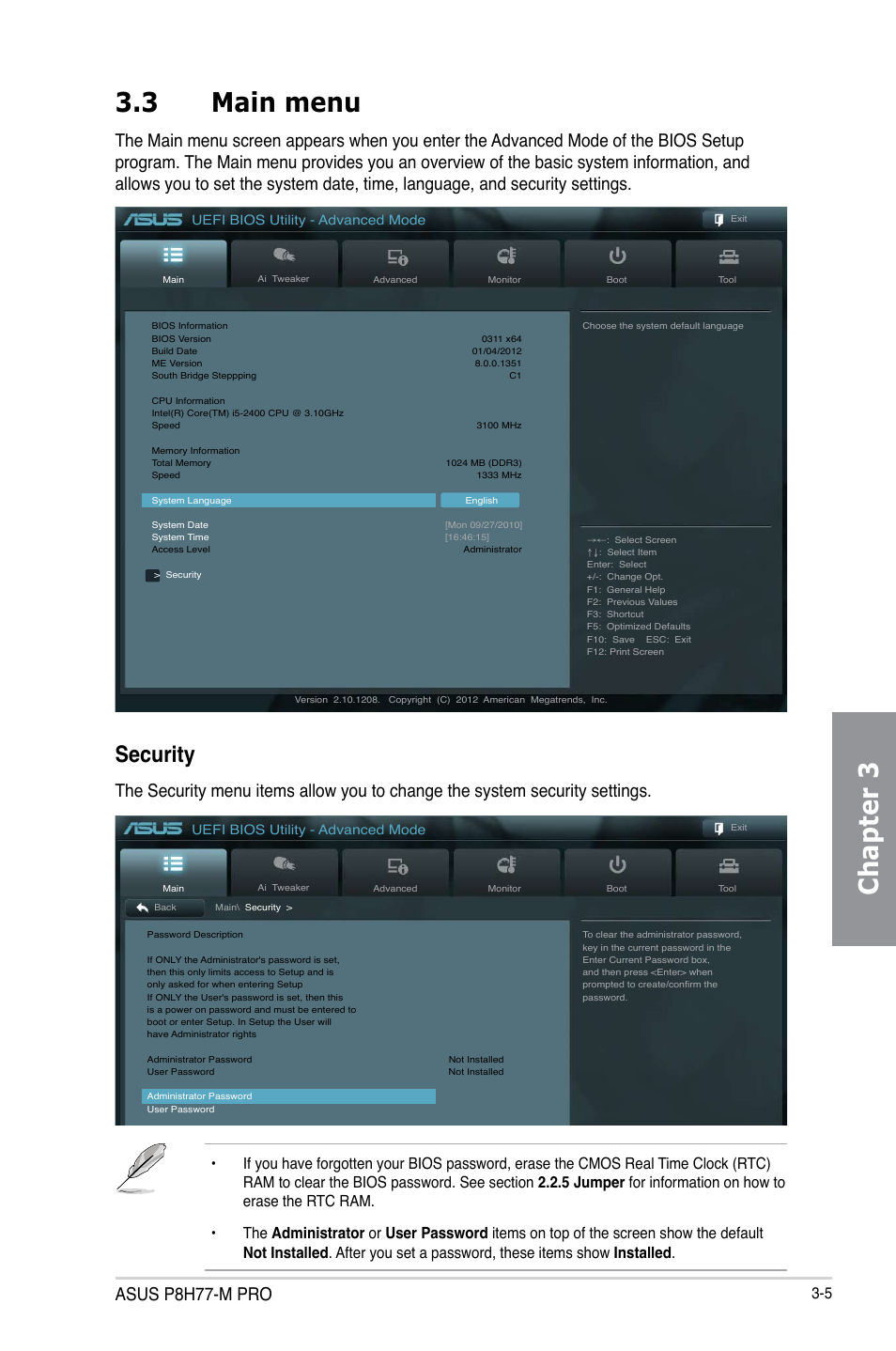 Chapter 3 3.3 main menu, Security, Asus p8h77-m pro | Asus P8H77-M PRO User Manual | Page 73 / 156