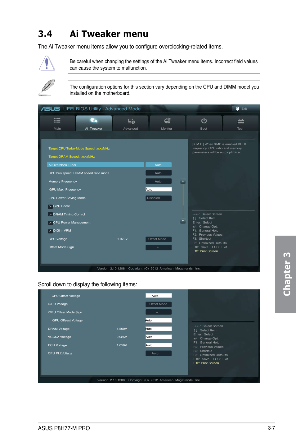 Chapter 3 3.4 ai tweaker menu, Asus p8h77-m pro, Scroll down to display the following items | Uefi bios utility - advanced mode | Asus P8H77-M PRO User Manual | Page 75 / 156