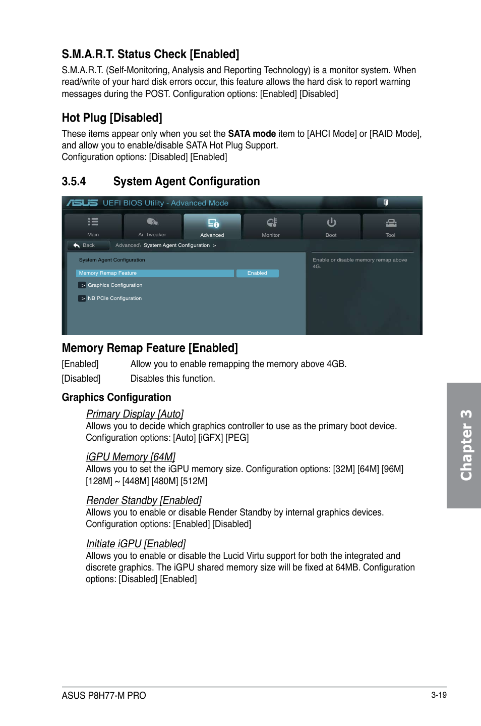 Chapter 3, S.m.a.r.t. status check [enabled, Hot plug [disabled | Graphics configuration primary display [auto, Render standby [enabled, Initiate igpu [enabled | Asus P8H77-M PRO User Manual | Page 87 / 156