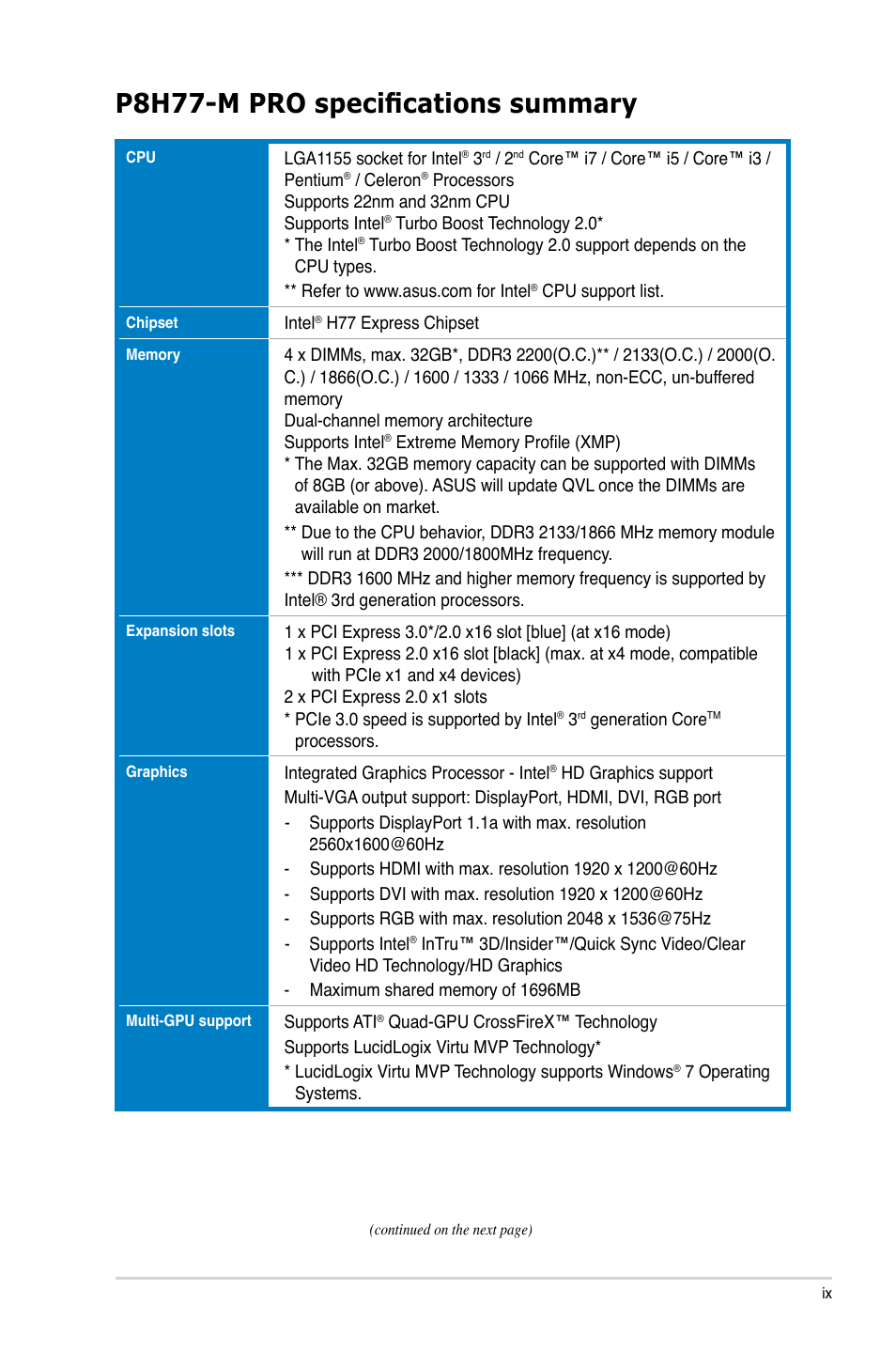P8h77-m pro specifications summary | Asus P8H77-M PRO User Manual | Page 9 / 156