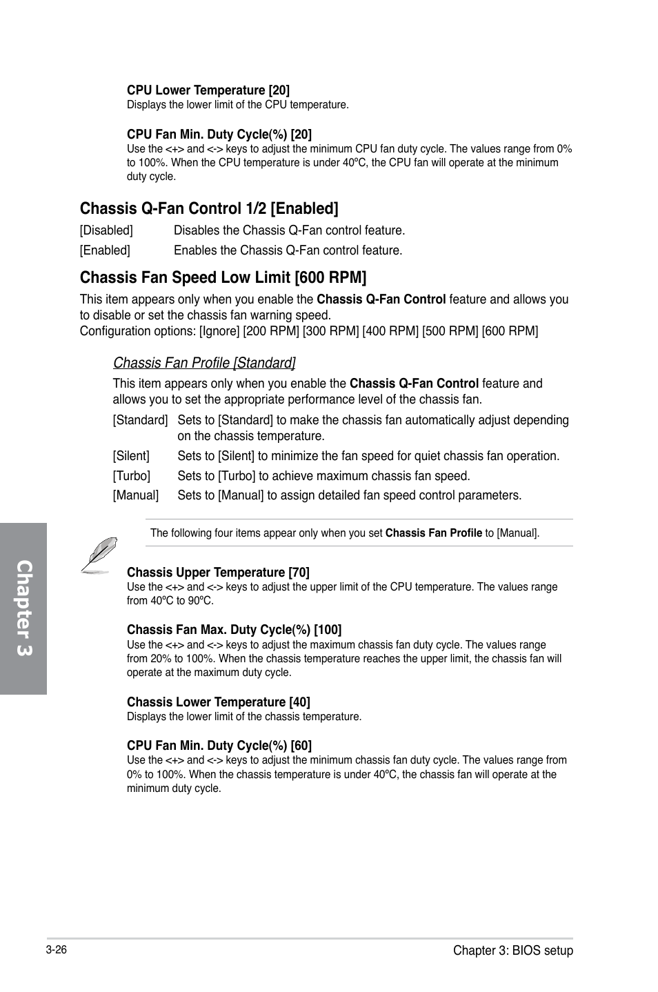 Chapter 3, Chassis q-fan control 1/2 [enabled, Chassis fan speed low limit [600 rpm | Asus P8H77-M PRO User Manual | Page 94 / 156