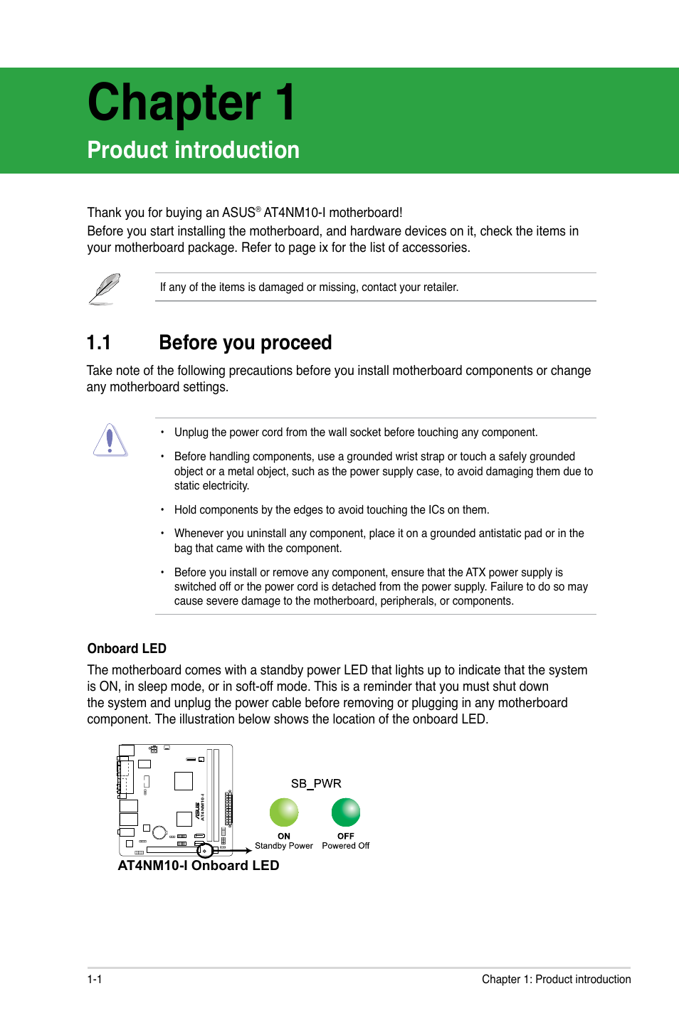 Chapter 1, Product introduction, 1 before you proceed | Before you proceed -1 | Asus AT4NM10-I User Manual | Page 10 / 44