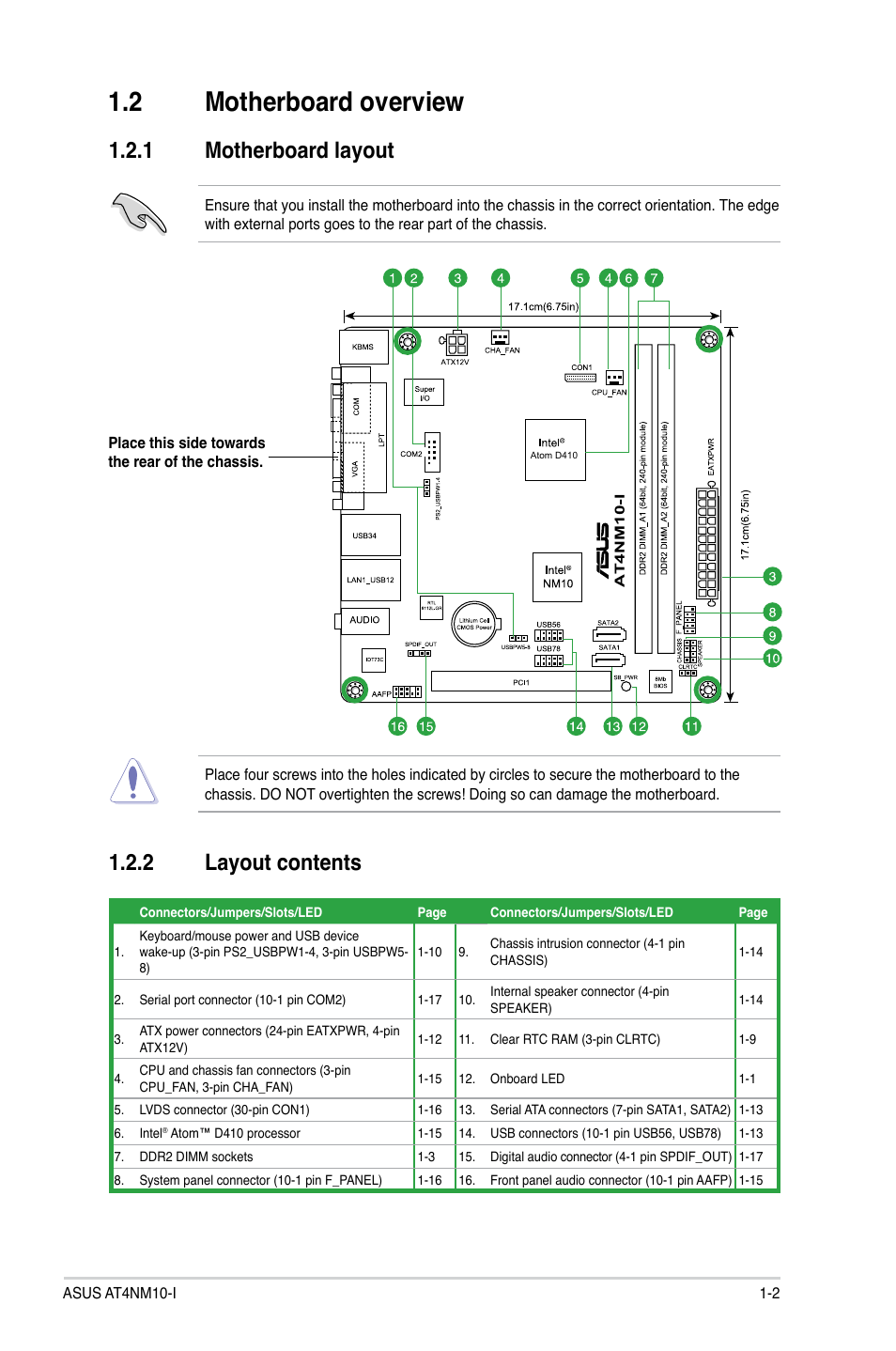 2 motherboard overview, 1 motherboard layout, 2 layout contents | Motherboard overview -2 1.2.1, Motherboard layout -2, Layout contents -2 | Asus AT4NM10-I User Manual | Page 11 / 44