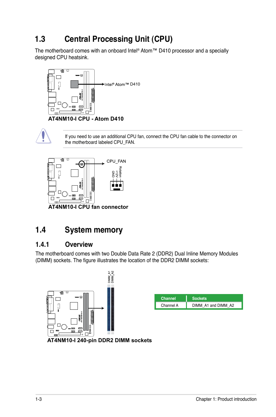 3 central processing unit (cpu), 4 system memory, 1 overview | Central processing unit (cpu) -3, System memory -3 1.4.1, Overview -3 | Asus AT4NM10-I User Manual | Page 12 / 44
