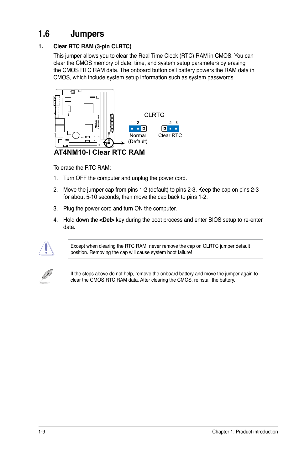 6 jumpers, Jumpers -9, At4nm10-i clear rtc ram | Asus AT4NM10-I User Manual | Page 18 / 44