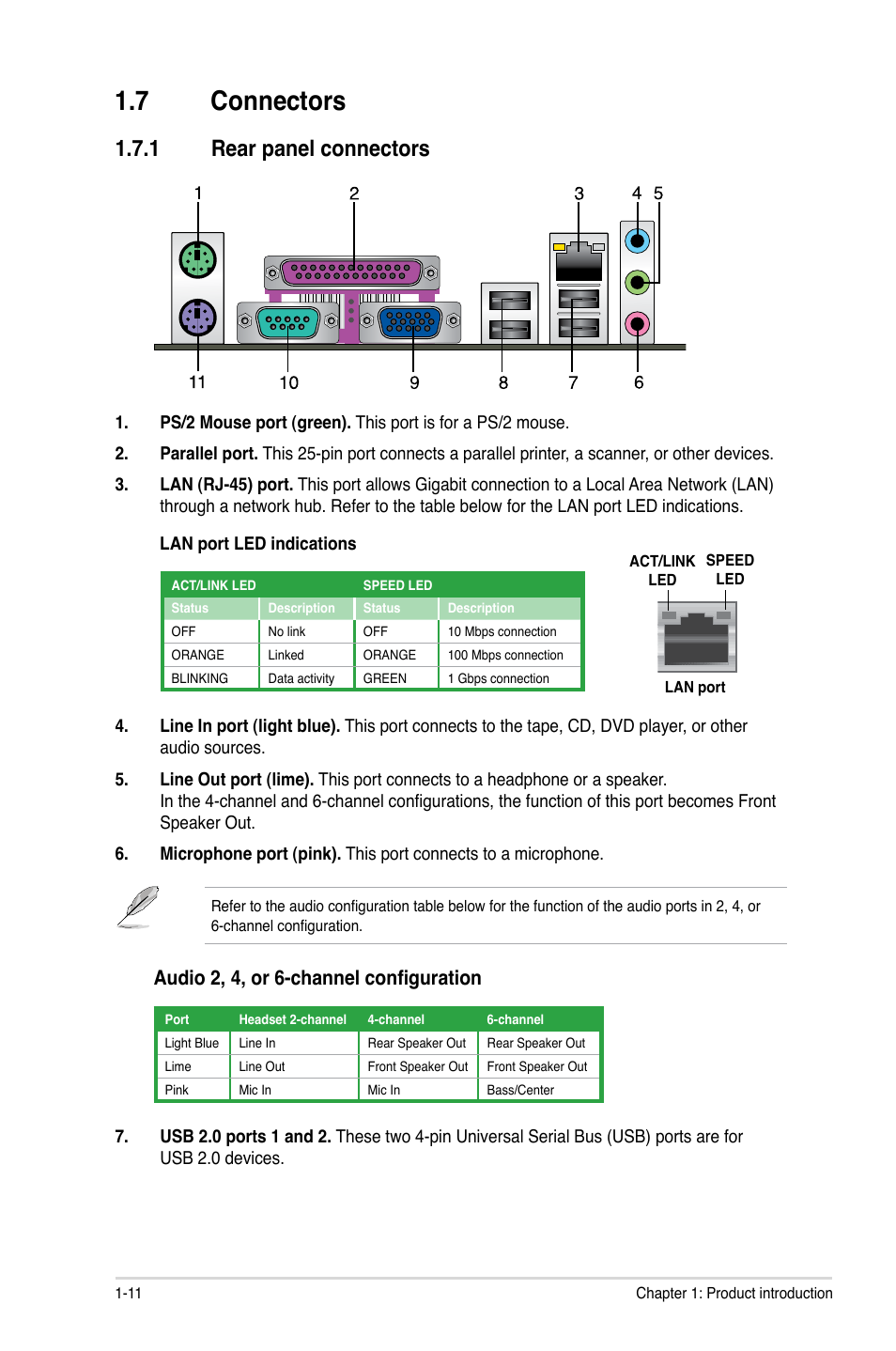 7 connectors, 1 rear panel connectors, Connectors -11 1.7.1 | Rear panel connectors -11, Audio 2, 4, or 6-channel configuration | Asus AT4NM10-I User Manual | Page 20 / 44