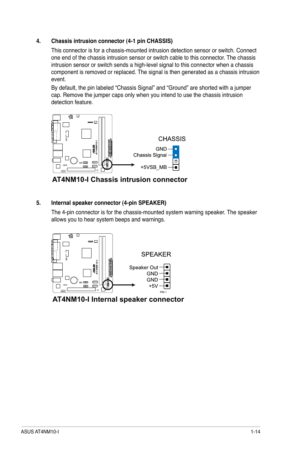 At4nm10-i internal speaker connector, At4nm10-i chassis intrusion connector | Asus AT4NM10-I User Manual | Page 23 / 44
