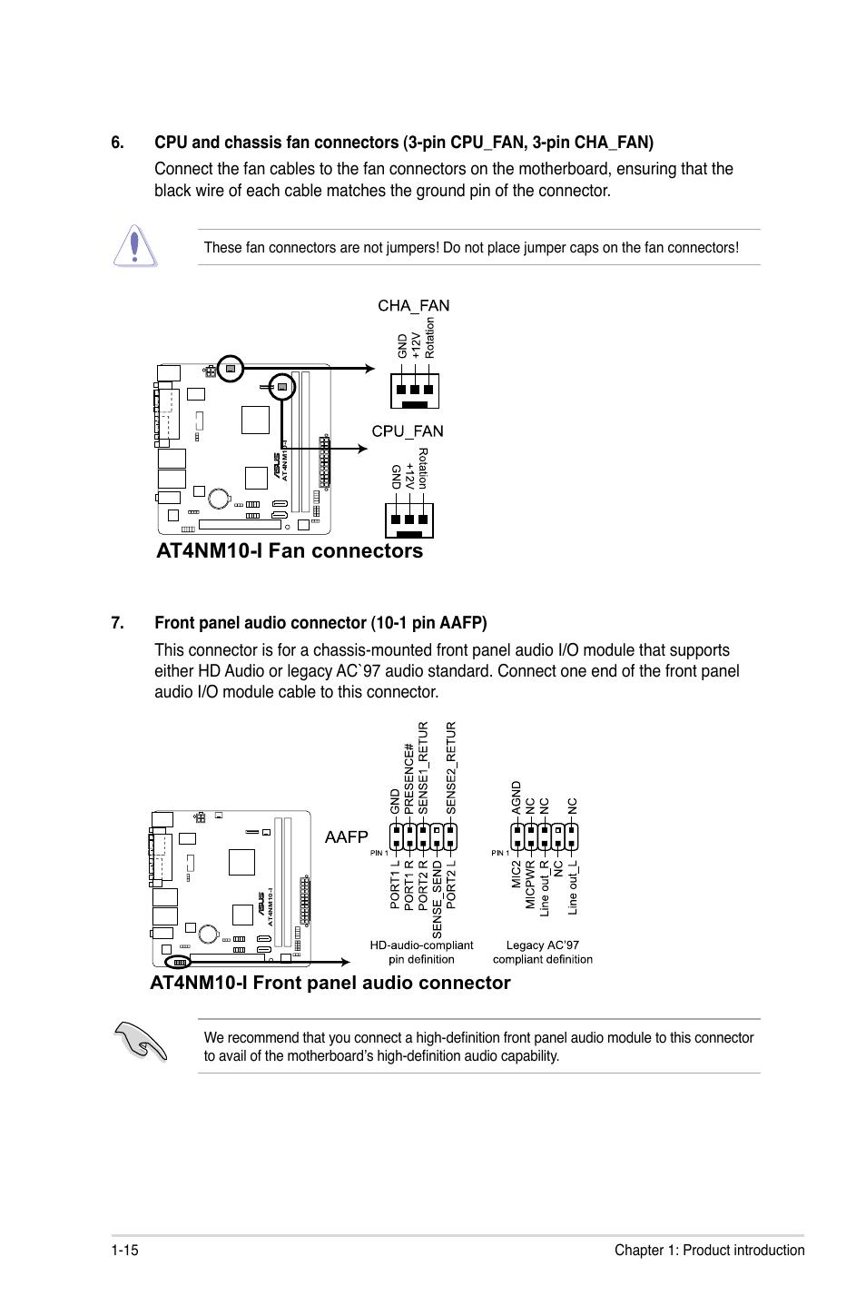 At4nm10-i fan connectors, At4nm10-i front panel audio connector | Asus AT4NM10-I User Manual | Page 24 / 44