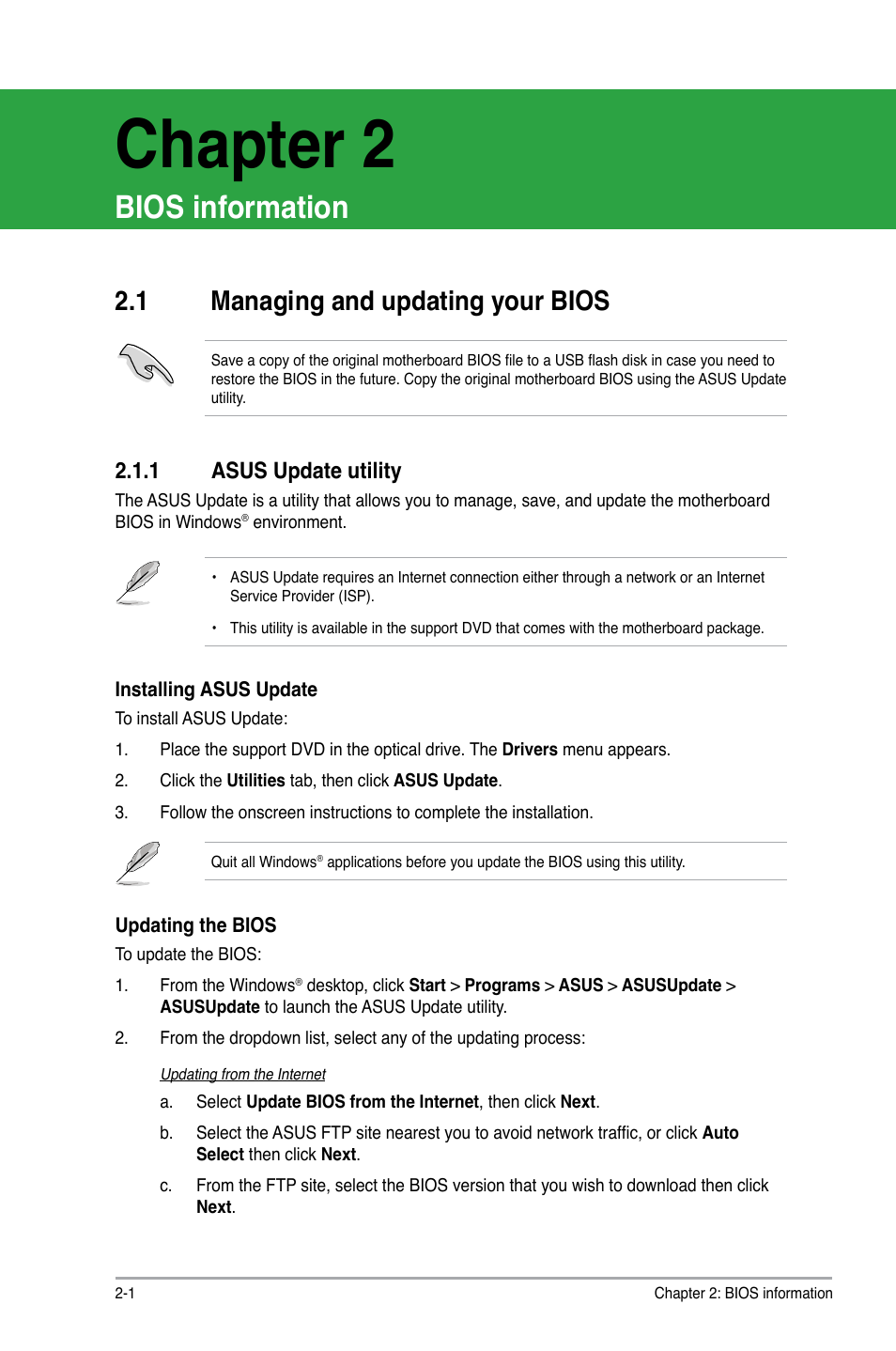 Chapter 2, Bios information, 1 managing and updating your bios | 1 asus update utility, Managing and updating your bios -1 2.1.1, Asus update utility -1 | Asus AT4NM10-I User Manual | Page 28 / 44