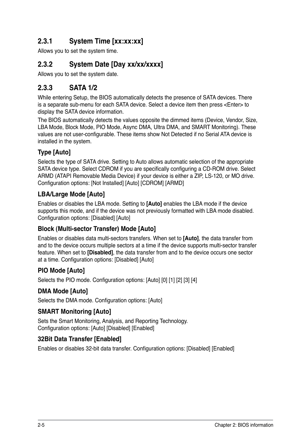 1 system time, 2 system date, 3 sata 1/2 | System time -5, System date -5, Sata 1/2 -5, 1 system time [xx:xx:xx | Asus AT4NM10-I User Manual | Page 32 / 44
