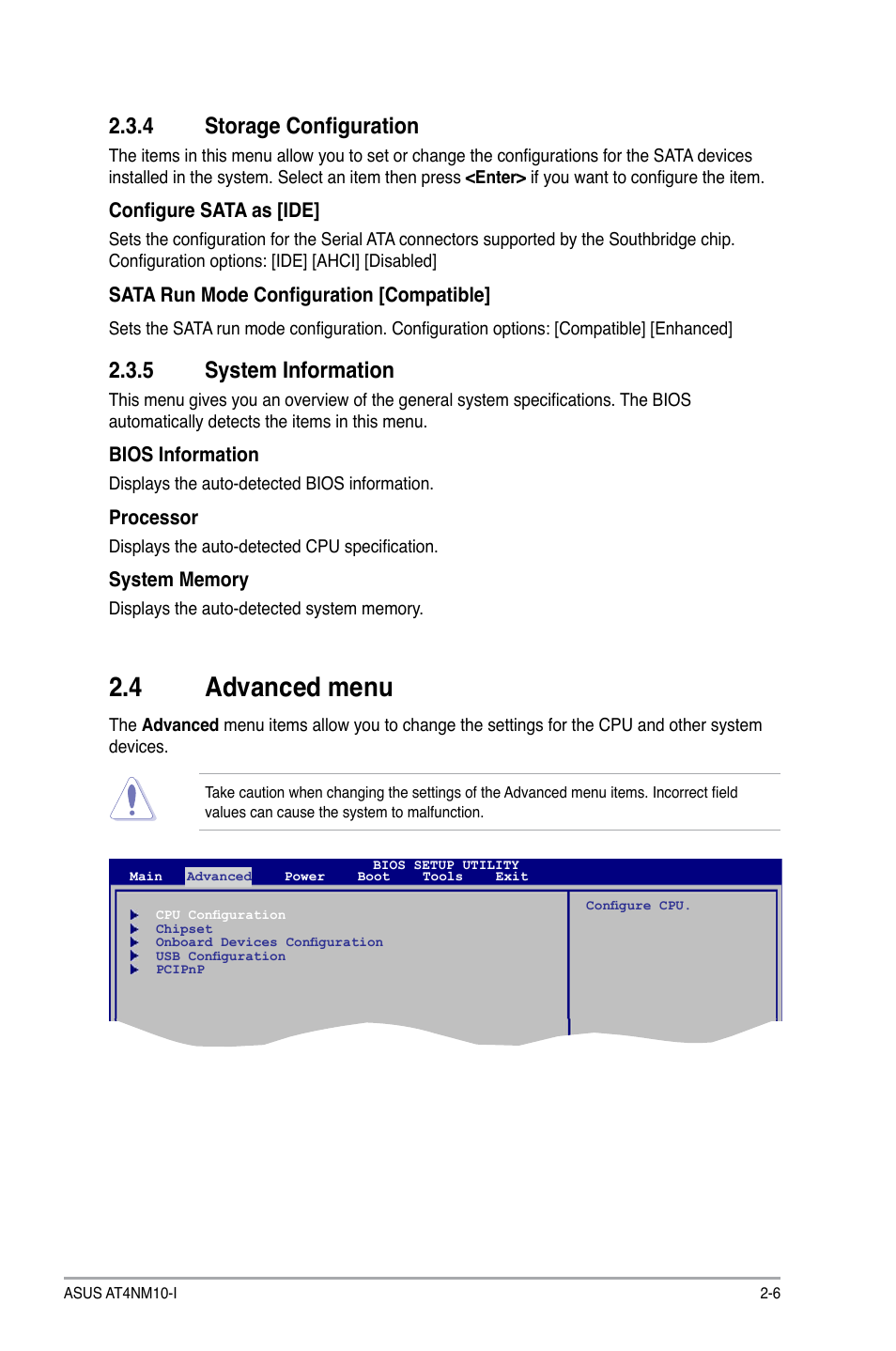 4 storage configuration, 5 system information, 4 advanced menu | Storage configuration -6, System information -6, Advanced menu -6 | Asus AT4NM10-I User Manual | Page 33 / 44