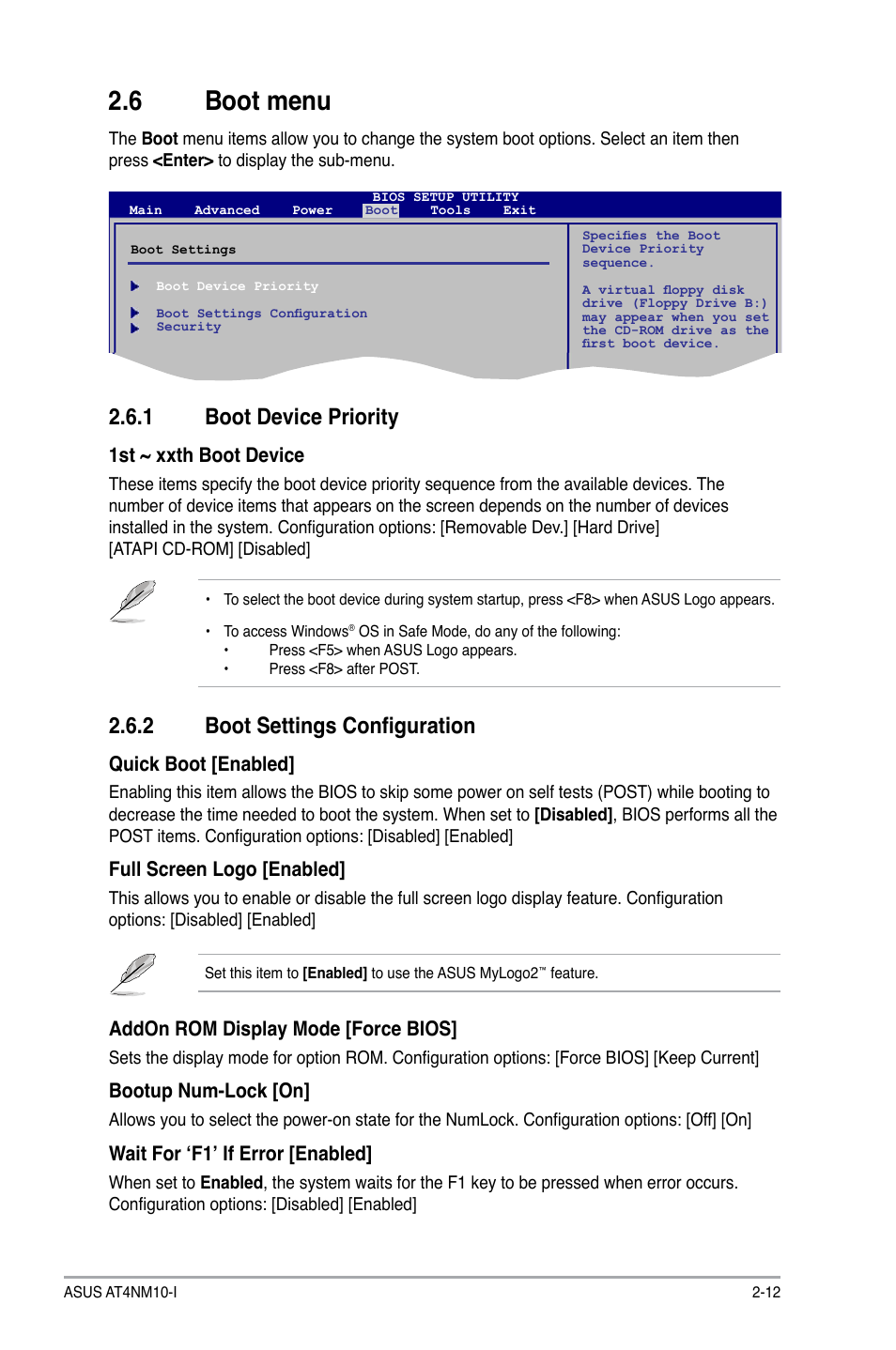 6 boot menu, 1 boot device priority, 2 boot settings configuration | Boot menu -12 2.6.1, Boot device priority -12, Boot settings configuration -12, 1st ~ xxth boot device, Quick boot [enabled, Full screen logo [enabled, Addon rom display mode [force bios | Asus AT4NM10-I User Manual | Page 39 / 44