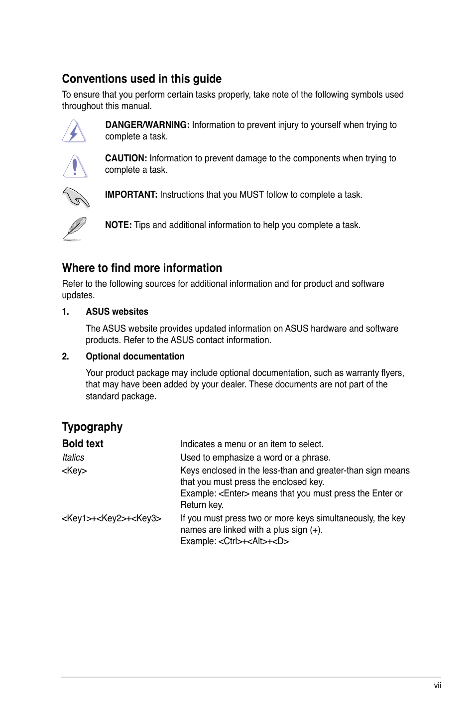 Conventions used in this guide, Where to find more information, Typography | Asus AT4NM10-I User Manual | Page 7 / 44