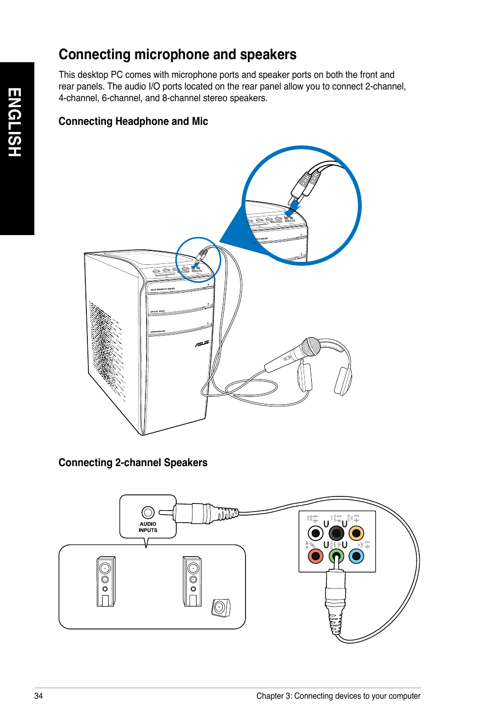 Connecting microphone and speakers, En gl is h en gl is h en gl is h en gl is h | Asus CM6870 User Manual | Page 34 / 72