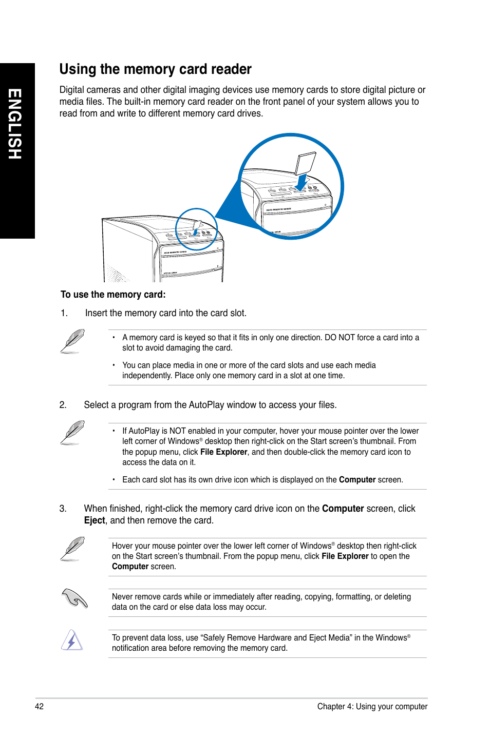 Using the memory card reader, En gl is h en gl is h en gl is h en gl is h | Asus CM6870 User Manual | Page 42 / 72