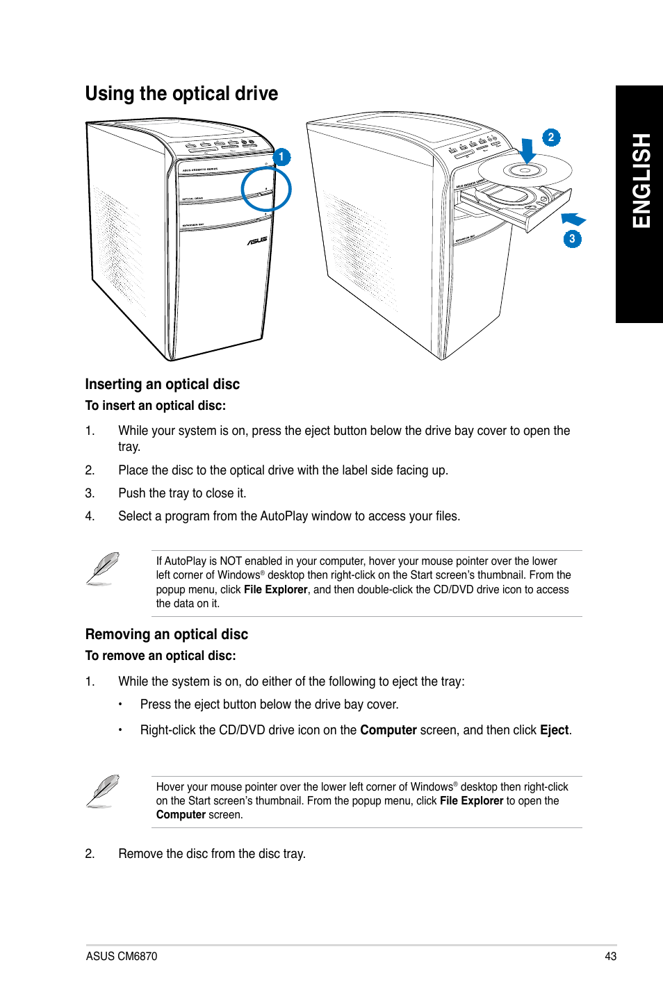 Using the optical drive, En gl is h en gl is h | Asus CM6870 User Manual | Page 43 / 72