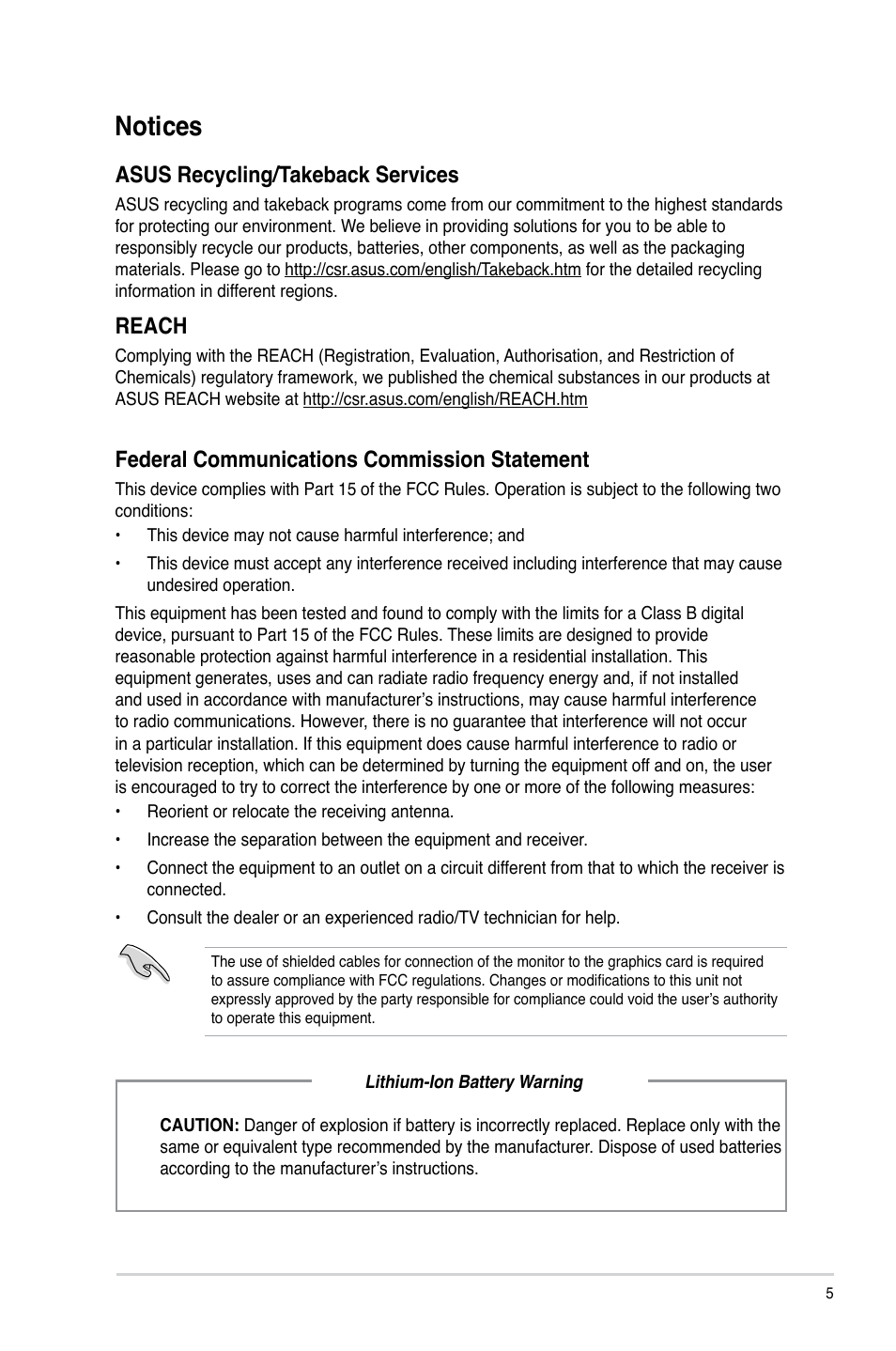 Notices, Asus recycling/takeback services, Reach | Federal communications commission statement | Asus CM6870 User Manual | Page 5 / 72