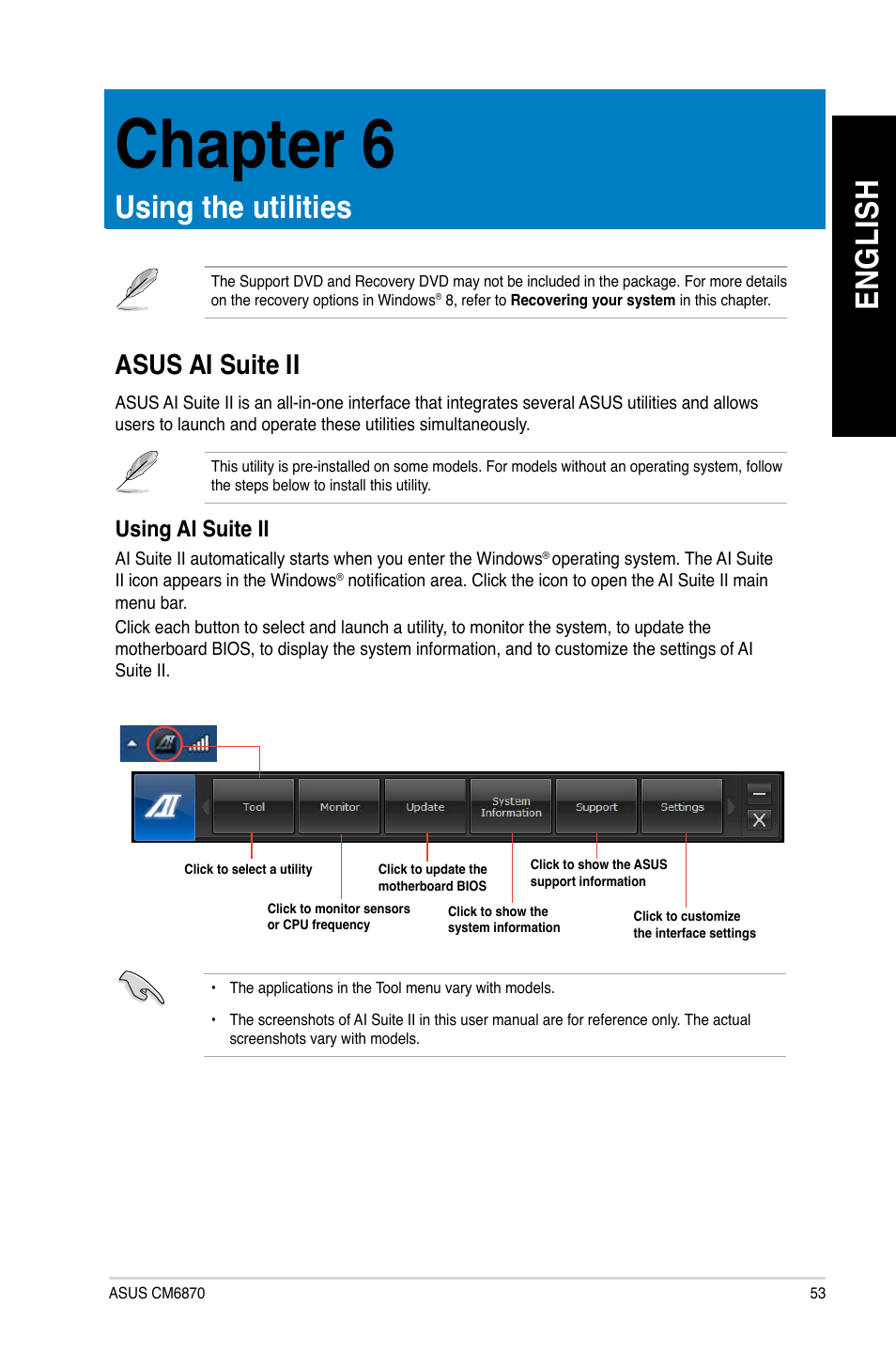 Chapter 6: using the utilities, Asus ai suite ii, Using the utilities | Chapter 6, En gl is h en gl is h | Asus CM6870 User Manual | Page 53 / 72