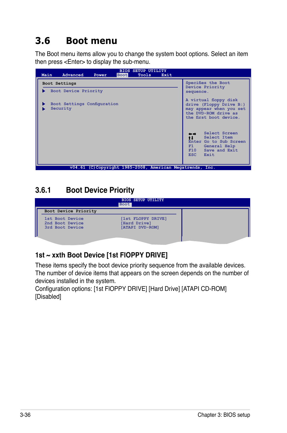 6 boot menu, 1 boot device priority, Boot menu -36 3.6.1 | Boot device priority -36, 1st ~ xxth boot device [1st floppy drive | Asus M3A79-T Deluxe User Manual | Page 100 / 164