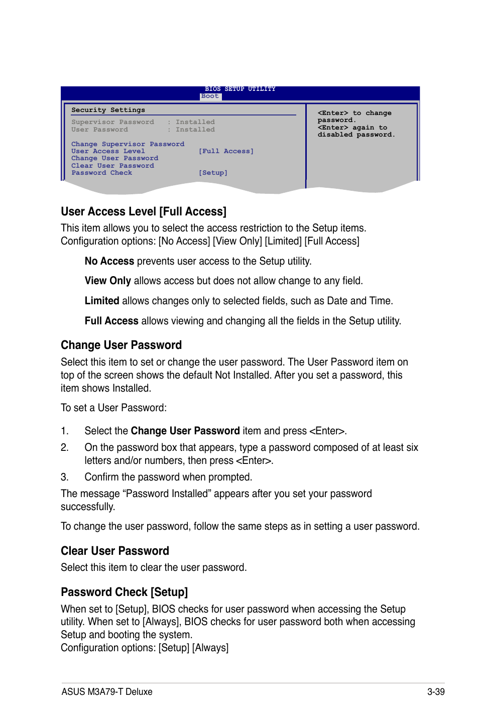 User access level [full access, Change user password, Clear user password | Password check [setup | Asus M3A79-T Deluxe User Manual | Page 103 / 164