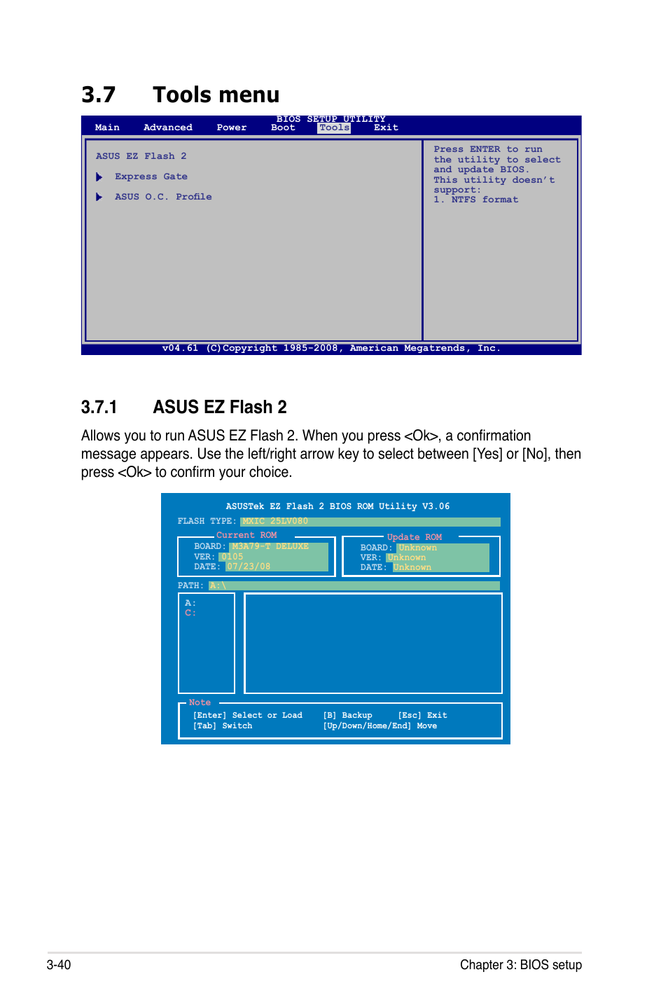 7 tools menu, 1 asus ez flash 2, Tools menu -40 3.7.1 | Asus ez flash 2 -40 | Asus M3A79-T Deluxe User Manual | Page 104 / 164