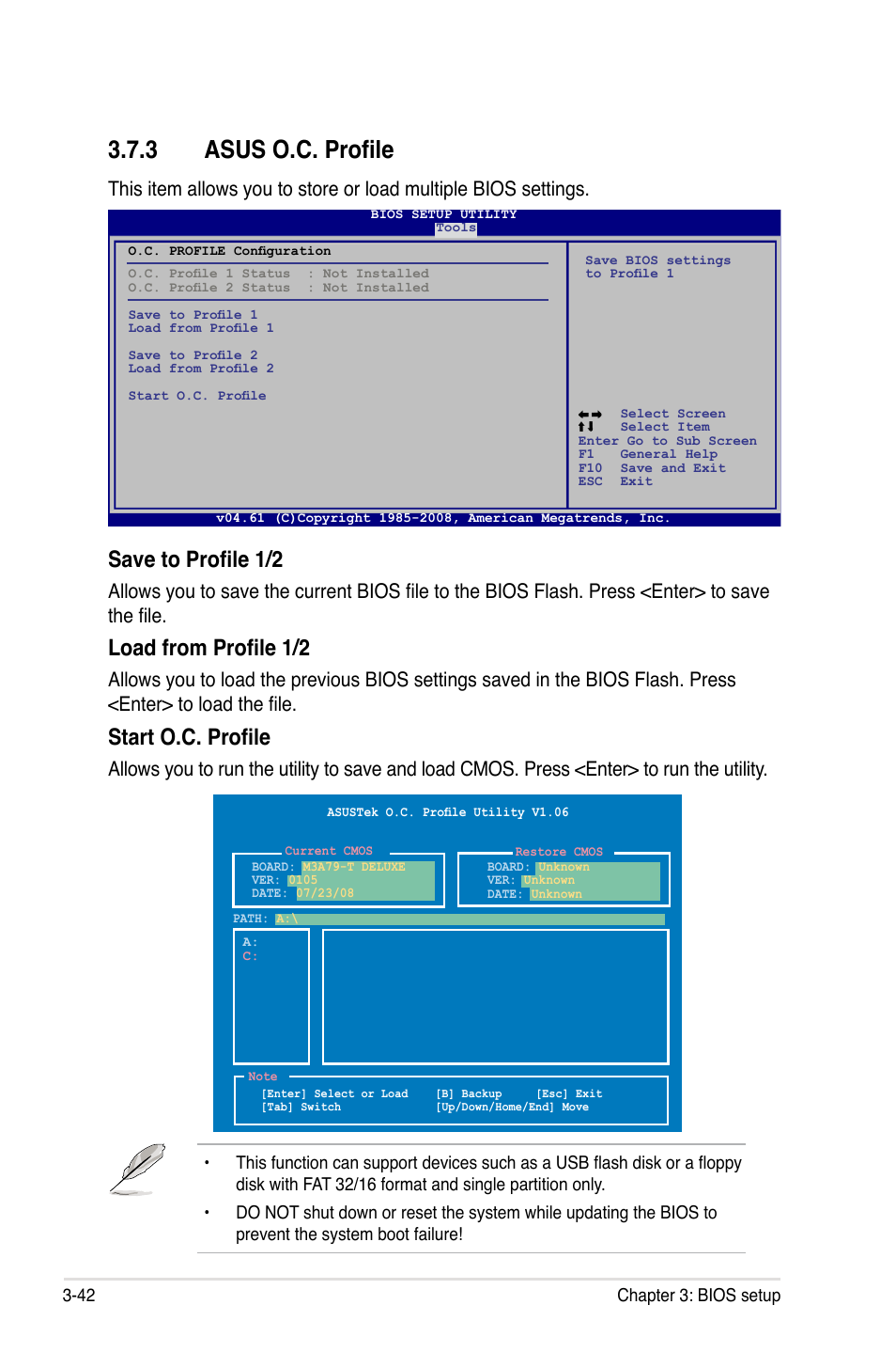 3 asus o.c. profile, Asus o.c. profile -42, Save to profile 1/2 | Load from profile 1/2, Start o.c. profile | Asus M3A79-T Deluxe User Manual | Page 106 / 164