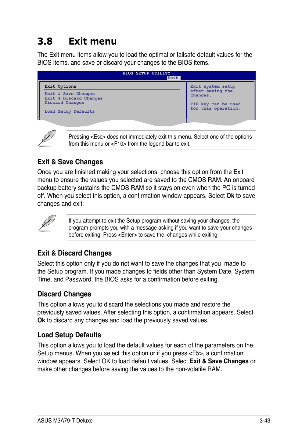 8 exit menu, Exit menu -43, Exit & discard changes | Discard changes, Load setup defaults, Exit & save changes | Asus M3A79-T Deluxe User Manual | Page 107 / 164