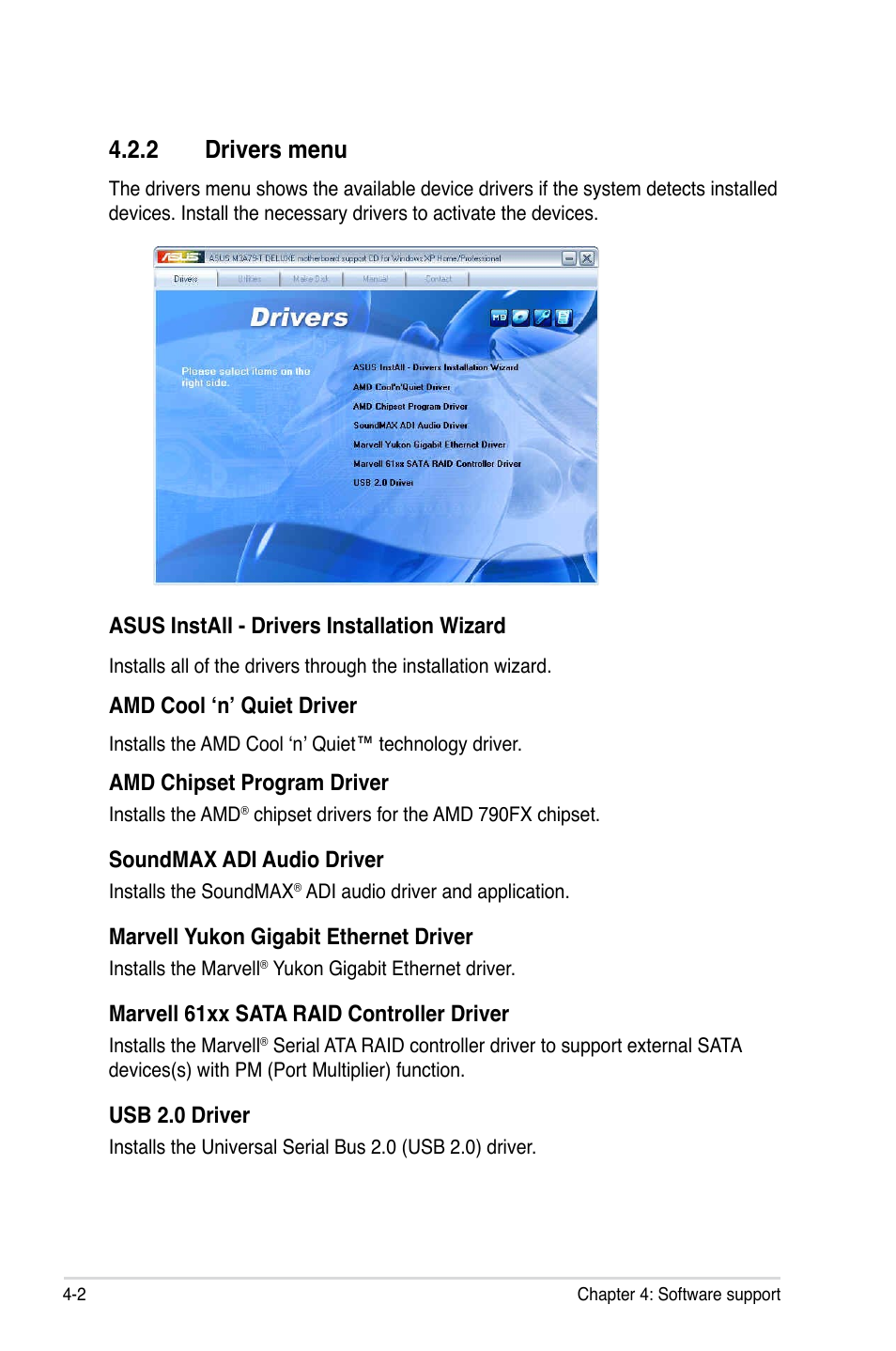 2 drivers menu, Drivers menu -2 | Asus M3A79-T Deluxe User Manual | Page 112 / 164