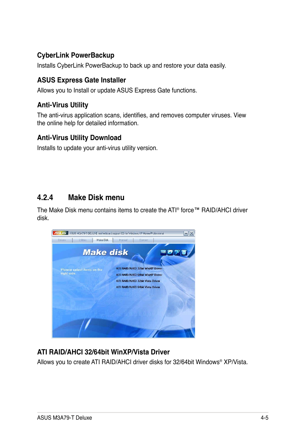 4 make disk menu, Make disk menu -5 | Asus M3A79-T Deluxe User Manual | Page 115 / 164