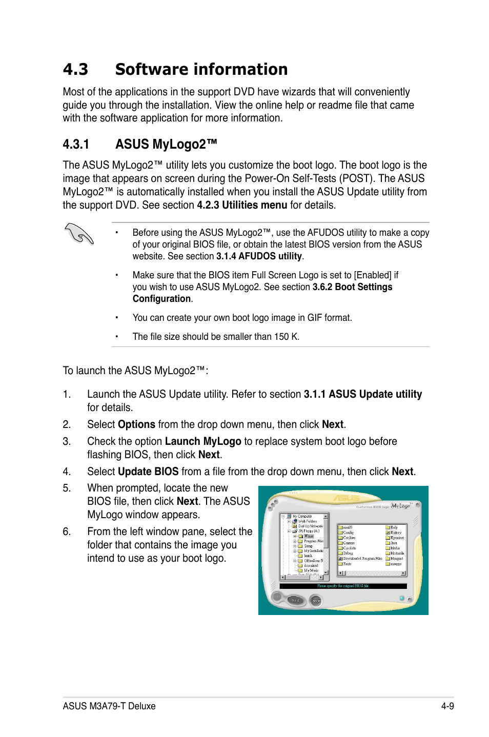 3 software information, 1 asus mylogo2, Software information -9 4.3.1 | Asus mylogo2™ -9 | Asus M3A79-T Deluxe User Manual | Page 119 / 164