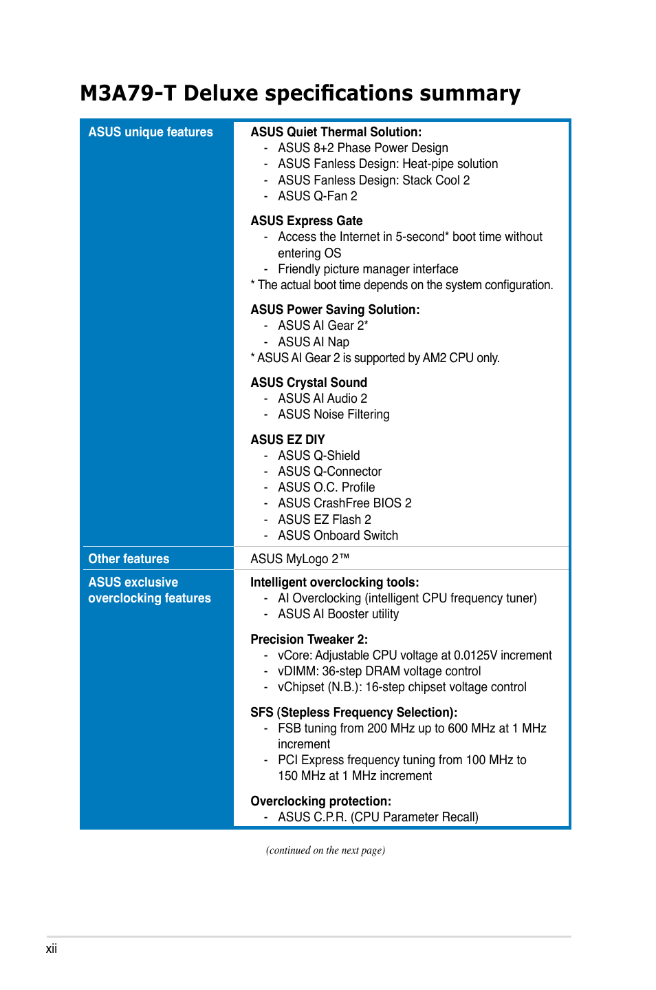 M3a79-t deluxe specifications summary | Asus M3A79-T Deluxe User Manual | Page 12 / 164