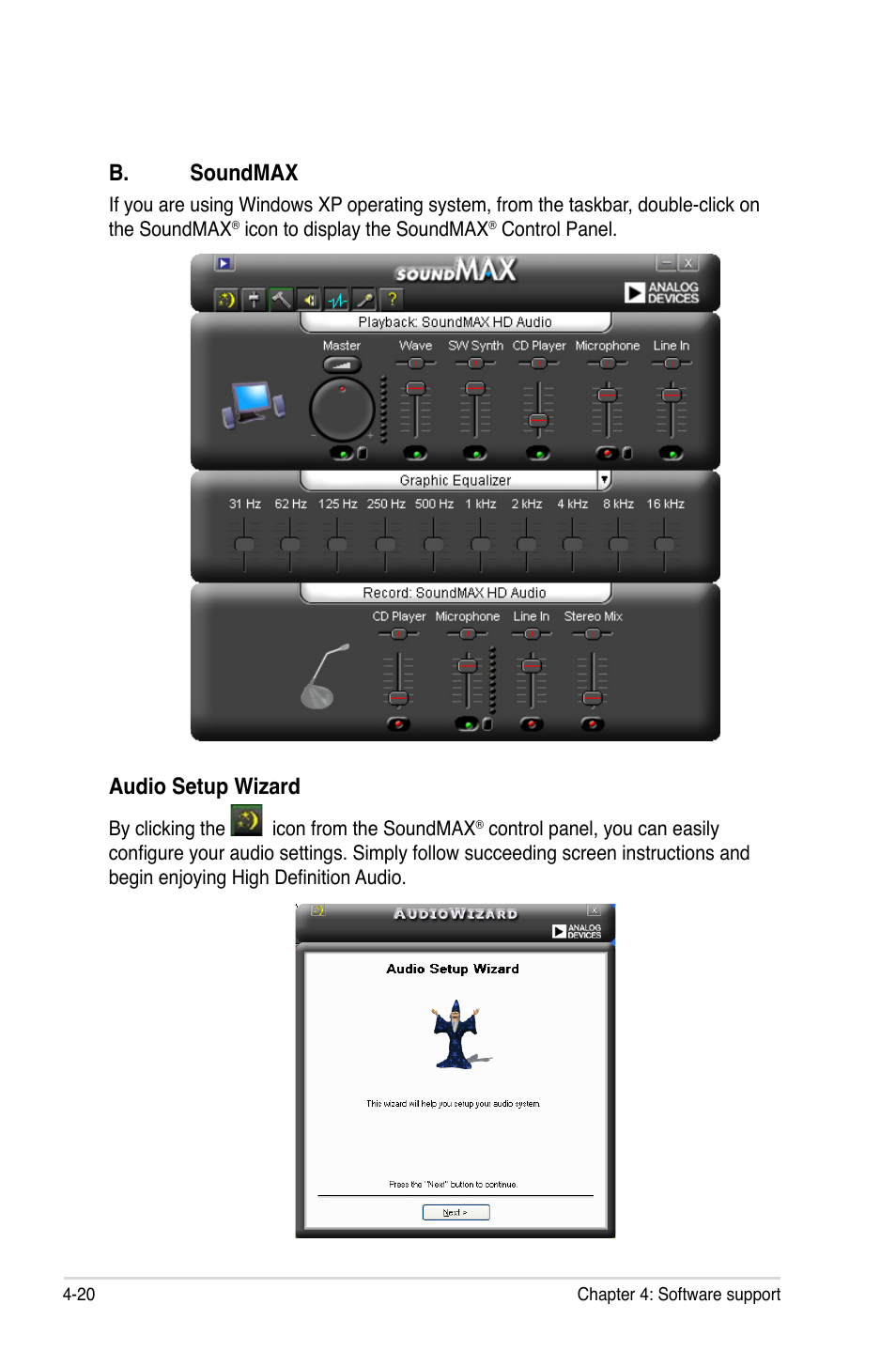 Audio setup wizard, B. soundmax | Asus M3A79-T Deluxe User Manual | Page 130 / 164