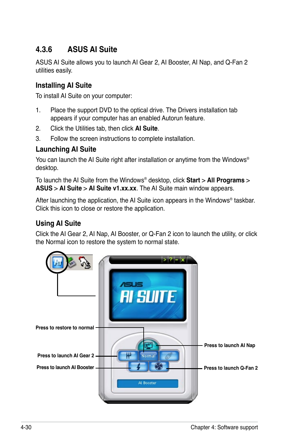 6 asus ai suite, Asus ai suite -30, Installing ai suite | Launching ai suite, Using ai suite | Asus M3A79-T Deluxe User Manual | Page 140 / 164