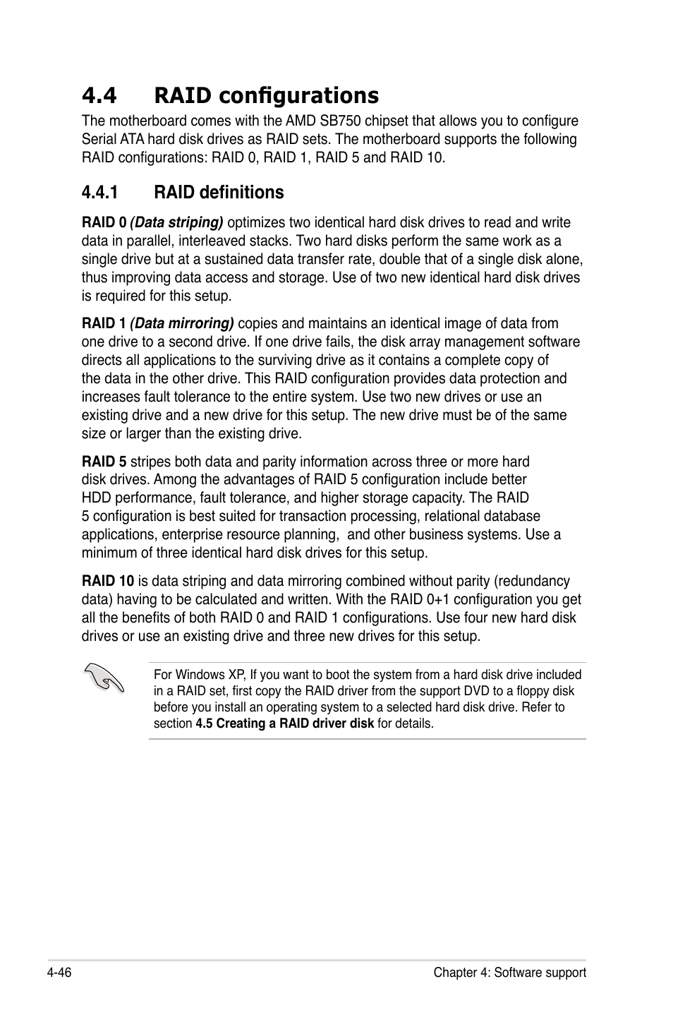 4 raid configurations, 1 raid definitions, Raid configurations -46 4.4.1 | Raid definitions -46 | Asus M3A79-T Deluxe User Manual | Page 156 / 164