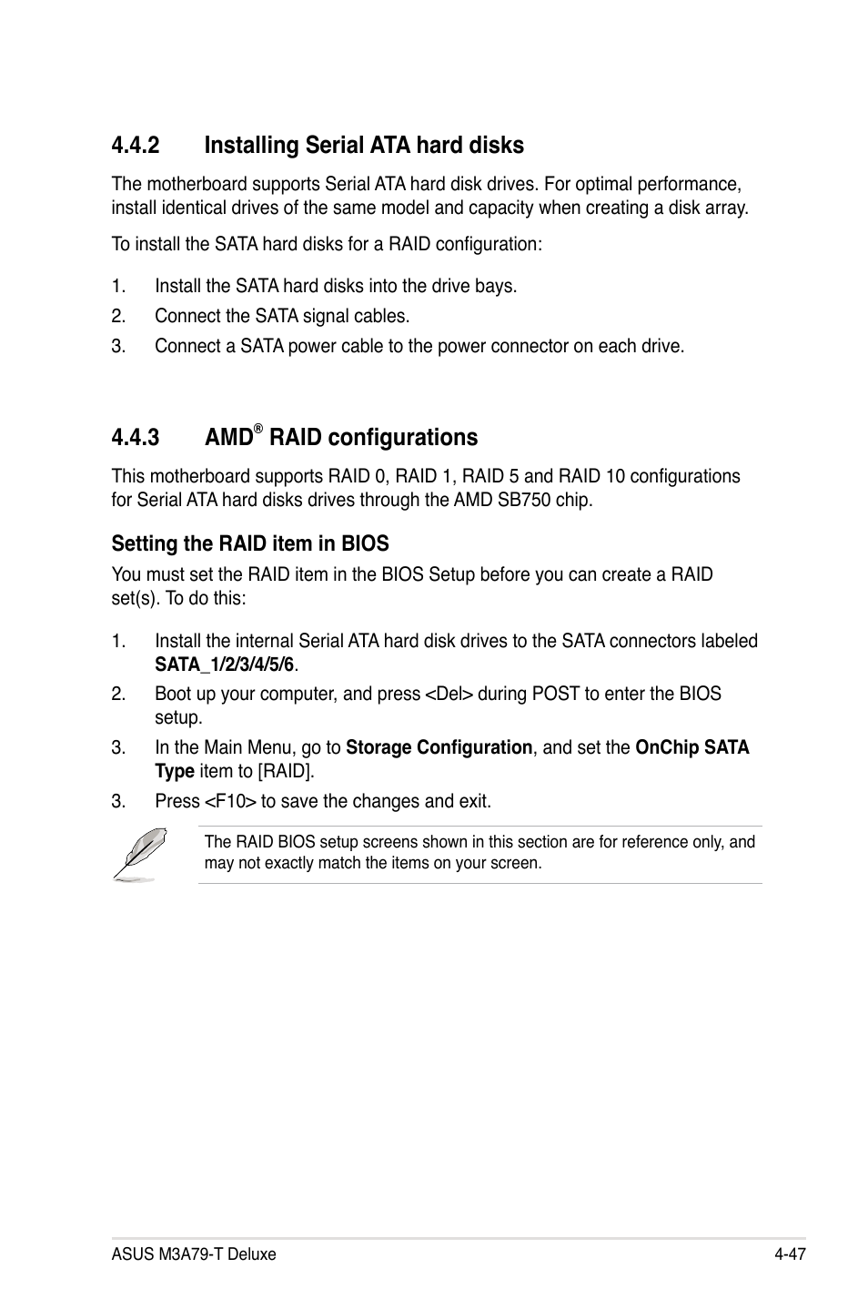 2 installing serial ata hard disks, 3 amd® raid configurations, Installing serial ata hard disks -47 | Raid configurations -47, 3 amd, Raid configurations | Asus M3A79-T Deluxe User Manual | Page 157 / 164