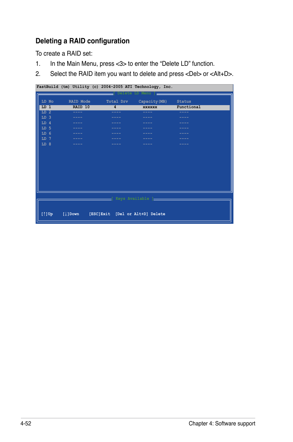 Deleting a raid configuration, 52 chapter 4: software support | Asus M3A79-T Deluxe User Manual | Page 162 / 164