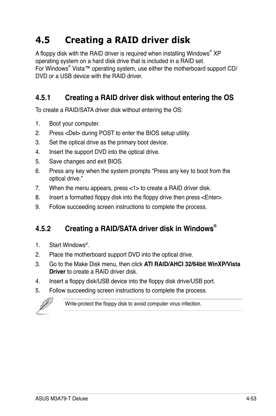 5 creating a raid driver disk, 2 creating a raid/sata driver disk in windows, Creating a raid driver disk -53 4.5.1 | Creating a raid/sata driver disk in windows | Asus M3A79-T Deluxe User Manual | Page 163 / 164