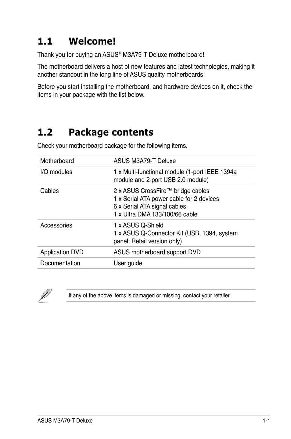 1 welcome, 2 package contents, Welcome! -1 | Package contents -1 | Asus M3A79-T Deluxe User Manual | Page 17 / 164