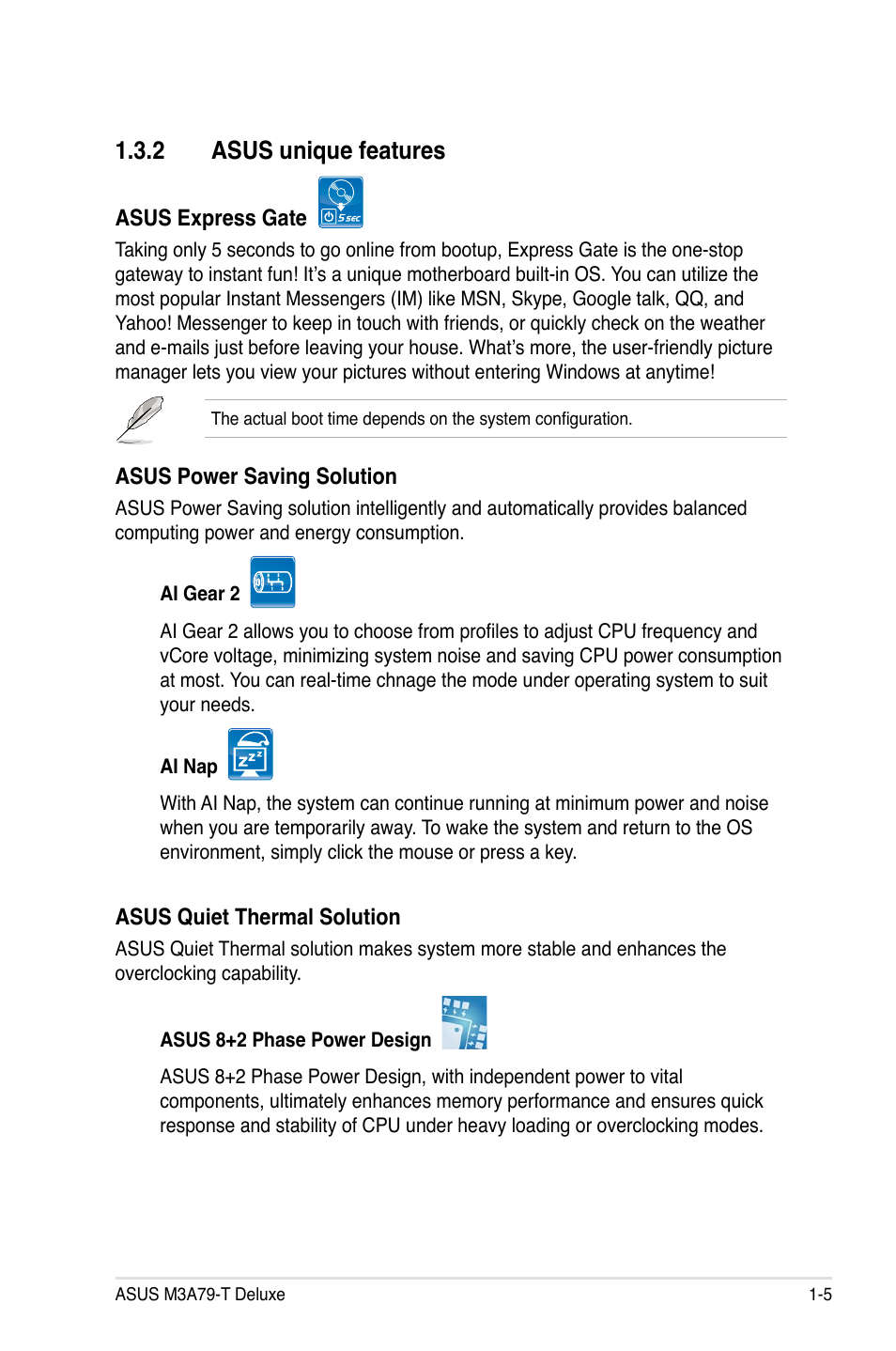 2 asus unique features, Asus unique features -5 | Asus M3A79-T Deluxe User Manual | Page 21 / 164