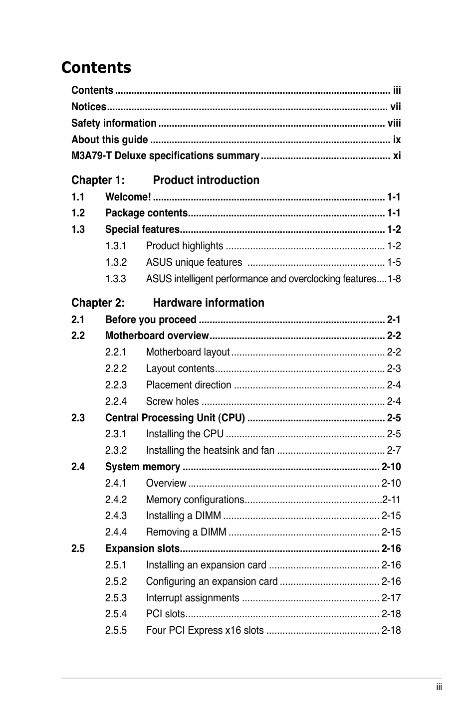 Asus M3A79-T Deluxe User Manual | Page 3 / 164